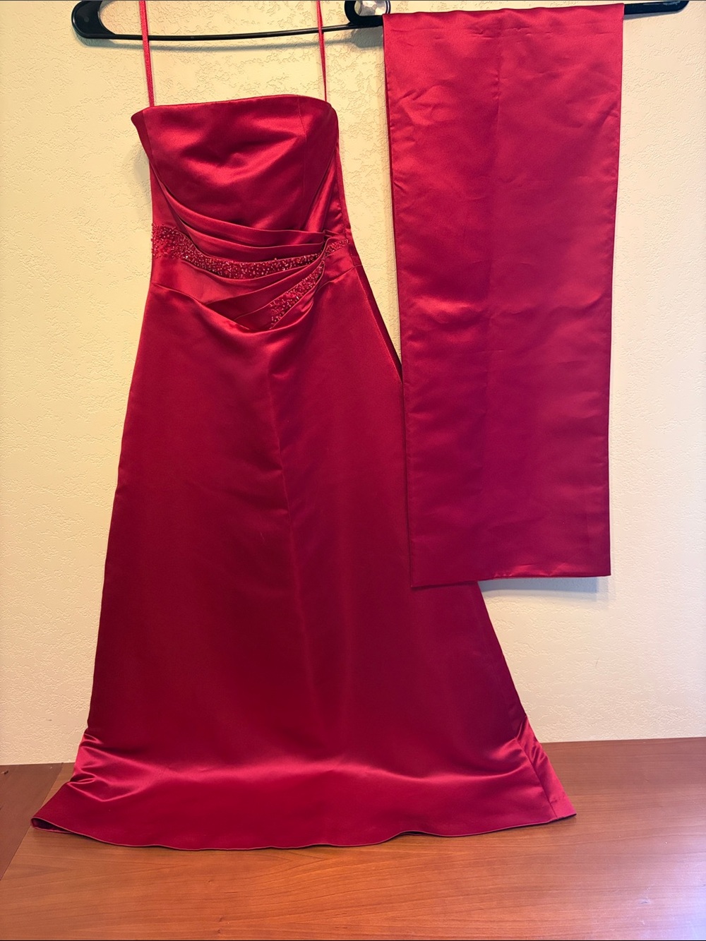 Strapless Satin Formal Dress in Deep Red with Matching Shawl